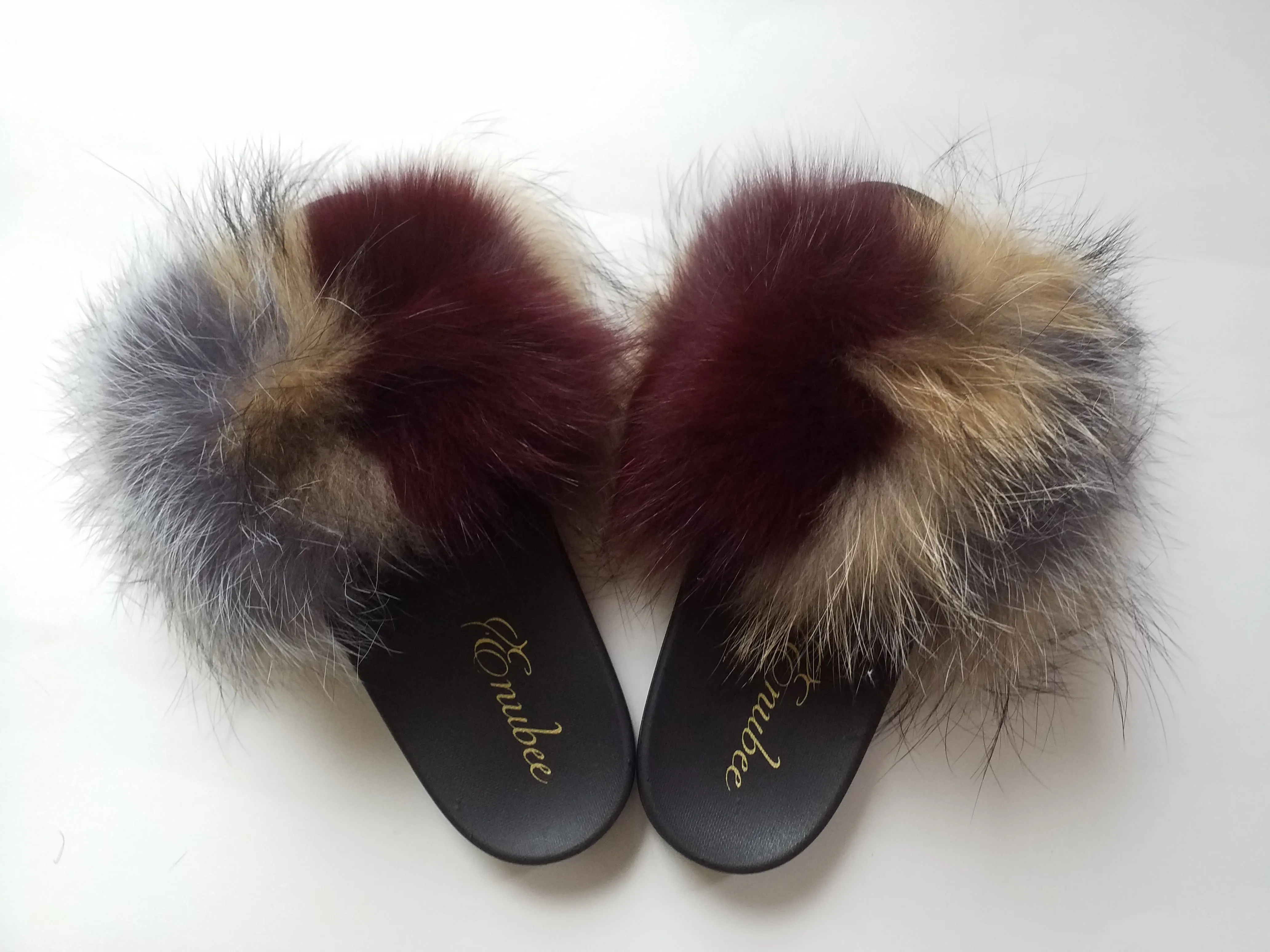 100% Fur Slippers Two Tone Multi Brown