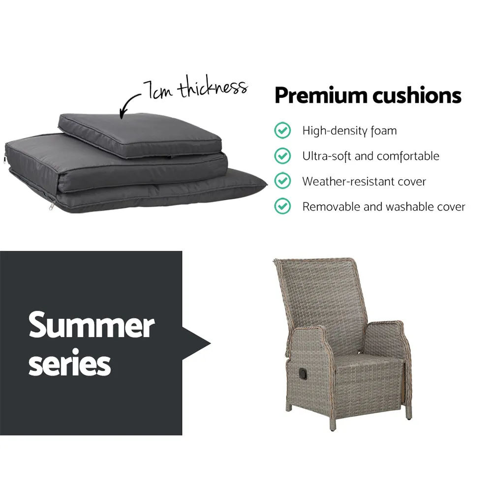 3PC Recliner Chairs Table | Sun Lounge | Outdoor Furniture | Wicker Adjustable | Grey