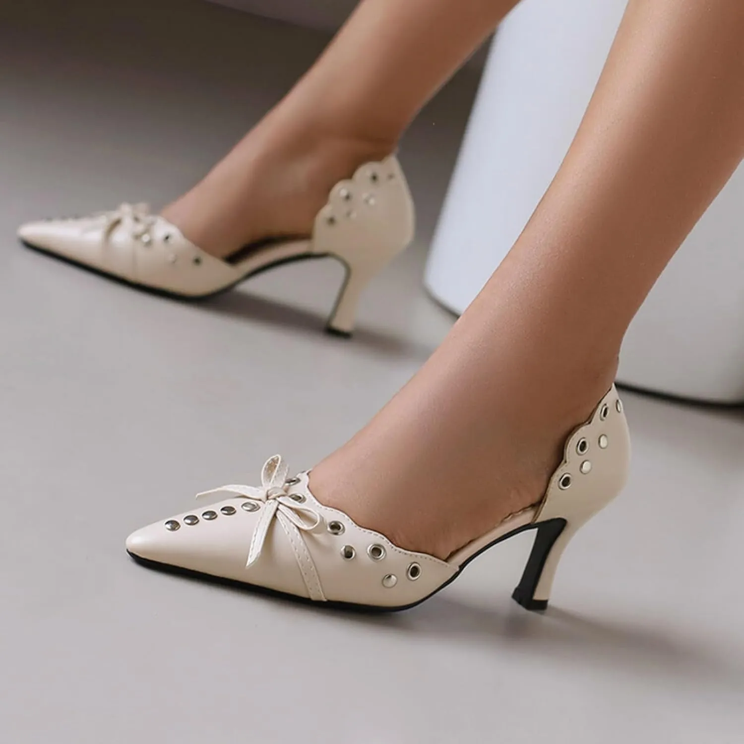 Aflngle Women's Bow Pointed Toe Closed Stiletto High Heel Pumps Casual Comfortable Rivets Slip On Wedding Party Prom Dress Shoes