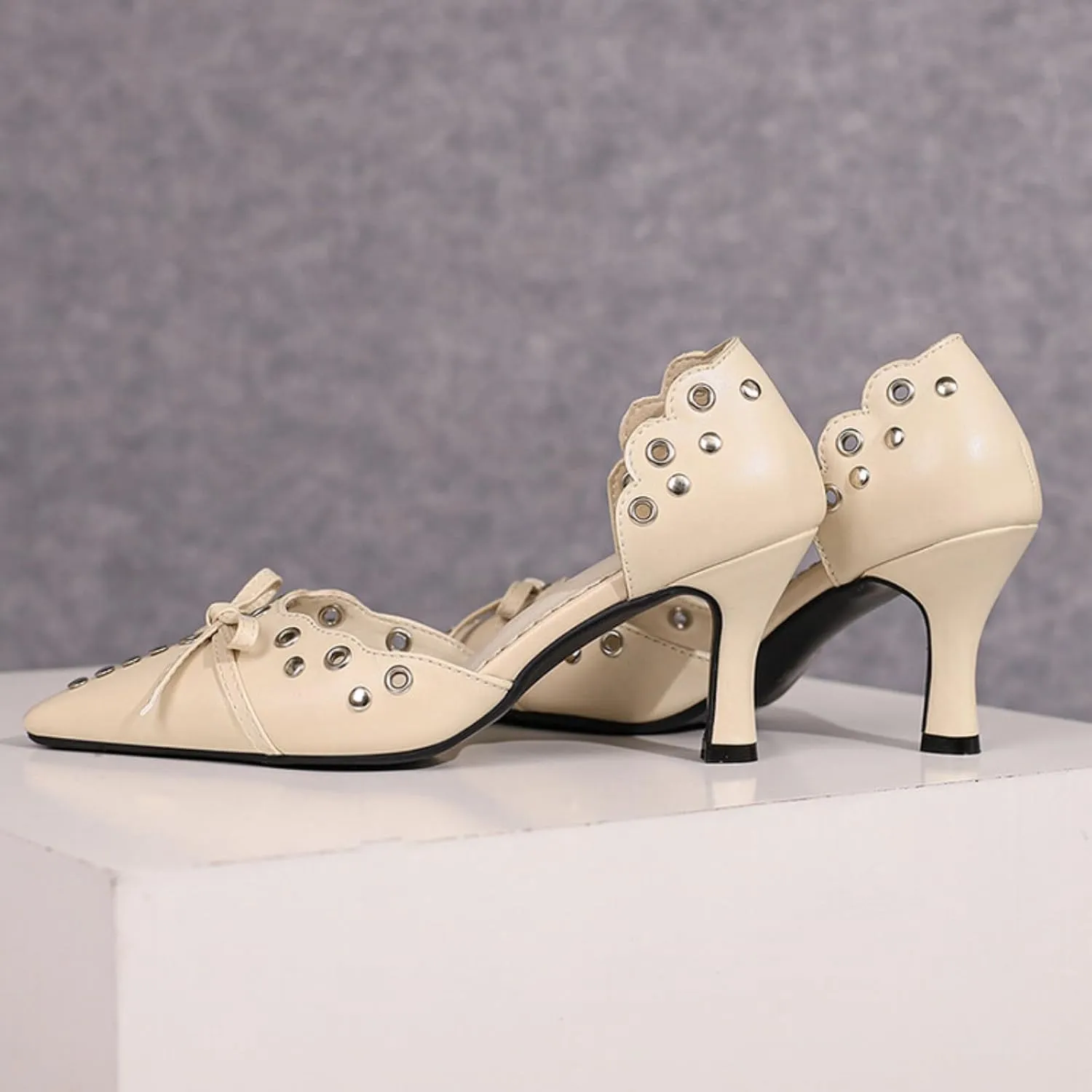 Aflngle Women's Bow Pointed Toe Closed Stiletto High Heel Pumps Casual Comfortable Rivets Slip On Wedding Party Prom Dress Shoes
