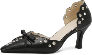 Aflngle Women's Bow Pointed Toe Closed Stiletto High Heel Pumps Casual Comfortable Rivets Slip On Wedding Party Prom Dress Shoes