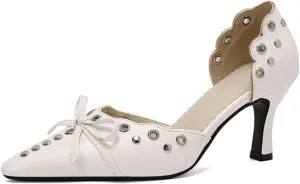 Aflngle Women's Bow Pointed Toe Closed Stiletto High Heel Pumps Casual Comfortable Rivets Slip On Wedding Party Prom Dress Shoes
