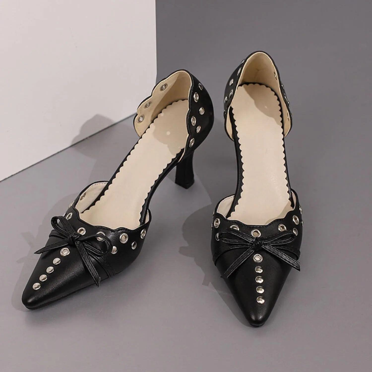 Aflngle Women's Bow Pointed Toe Closed Stiletto High Heel Pumps Casual Comfortable Rivets Slip On Wedding Party Prom Dress Shoes