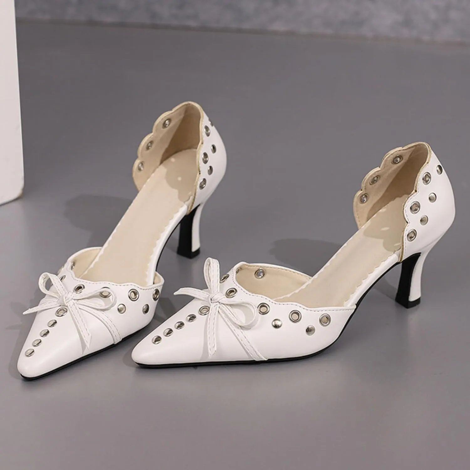 Aflngle Women's Bow Pointed Toe Closed Stiletto High Heel Pumps Casual Comfortable Rivets Slip On Wedding Party Prom Dress Shoes