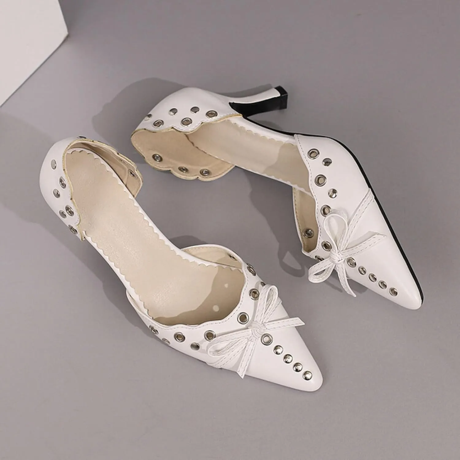 Aflngle Women's Bow Pointed Toe Closed Stiletto High Heel Pumps Casual Comfortable Rivets Slip On Wedding Party Prom Dress Shoes