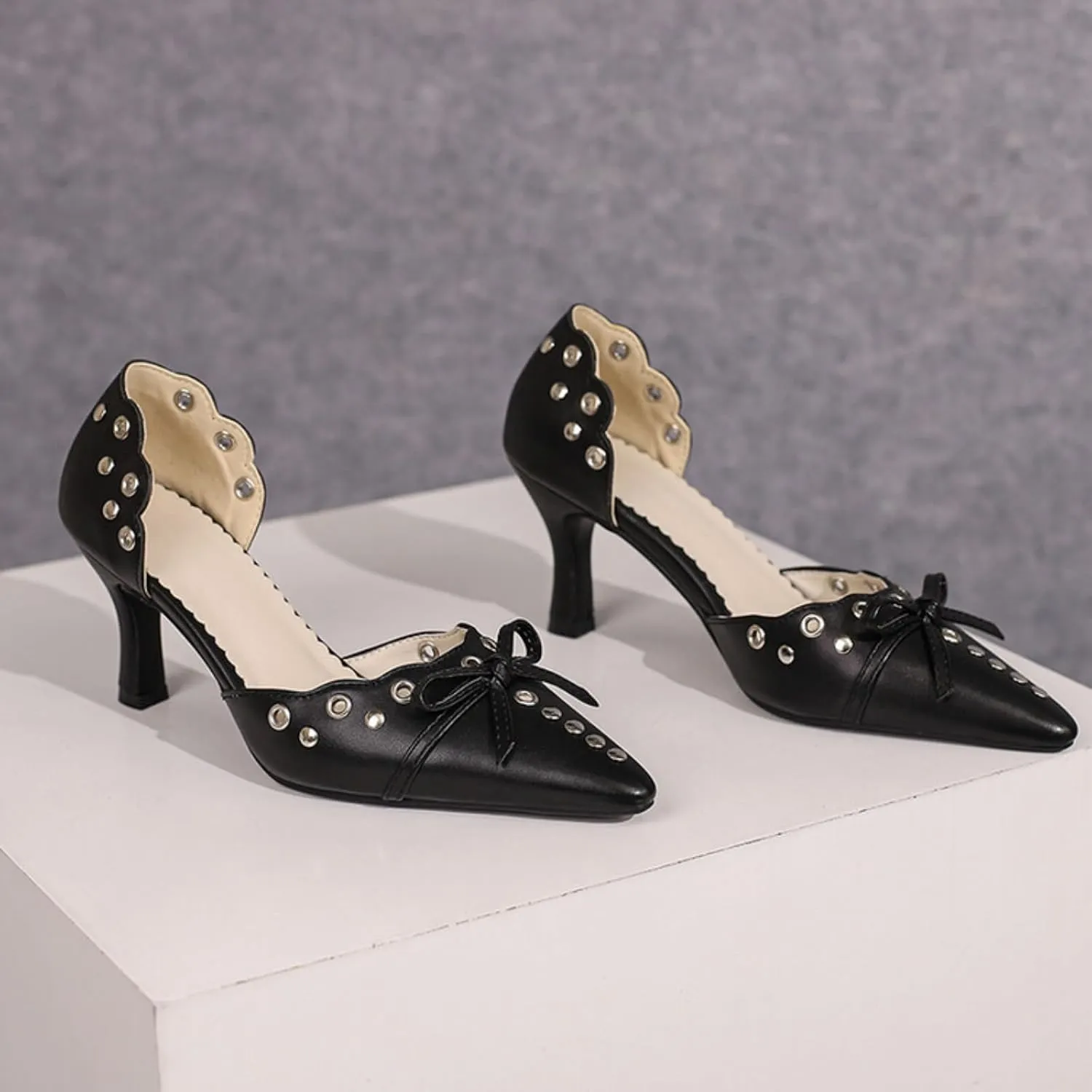 Aflngle Women's Bow Pointed Toe Closed Stiletto High Heel Pumps Casual Comfortable Rivets Slip On Wedding Party Prom Dress Shoes