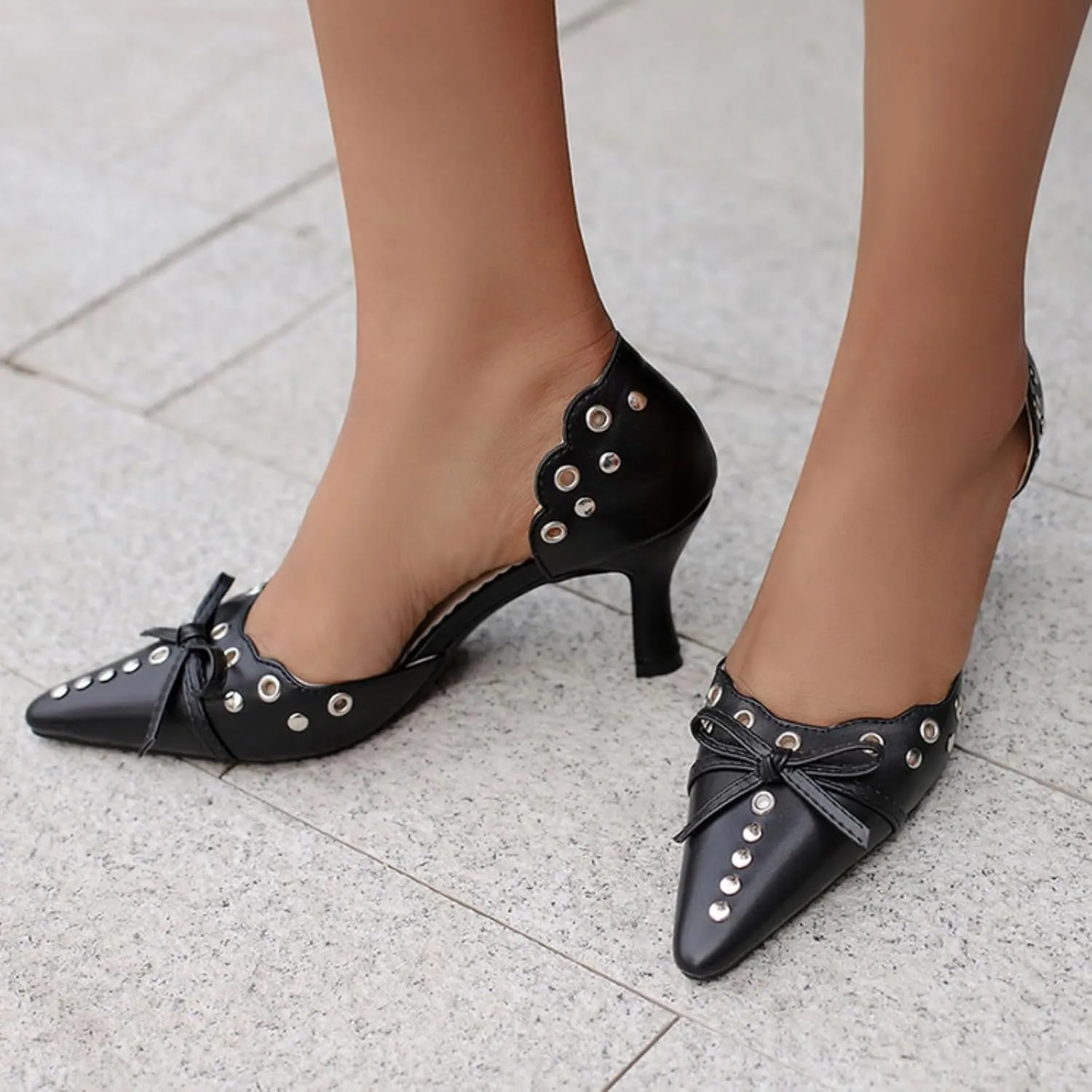 Aflngle Women's Bow Pointed Toe Closed Stiletto High Heel Pumps Casual Comfortable Rivets Slip On Wedding Party Prom Dress Shoes