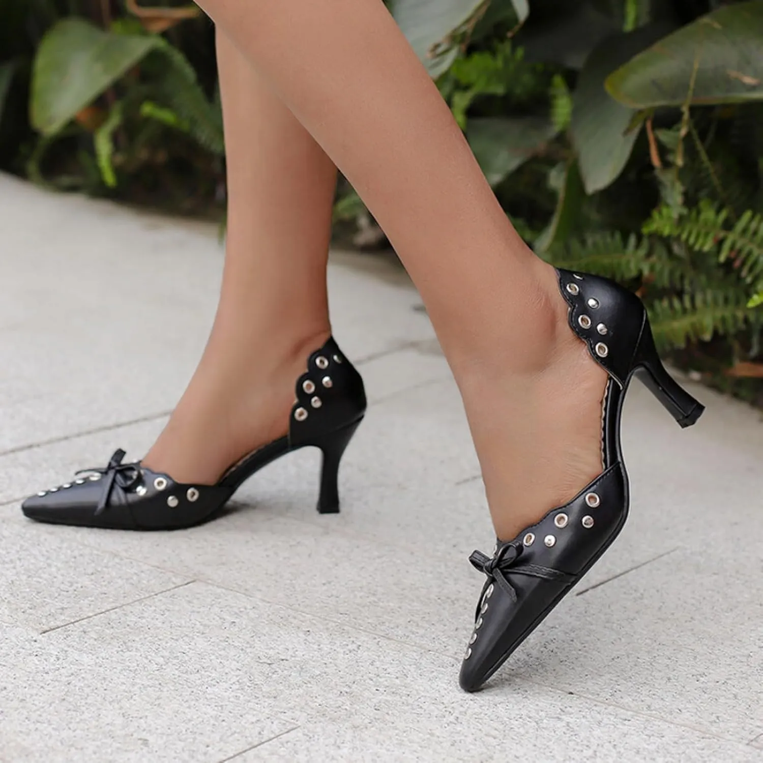 Aflngle Women's Bow Pointed Toe Closed Stiletto High Heel Pumps Casual Comfortable Rivets Slip On Wedding Party Prom Dress Shoes