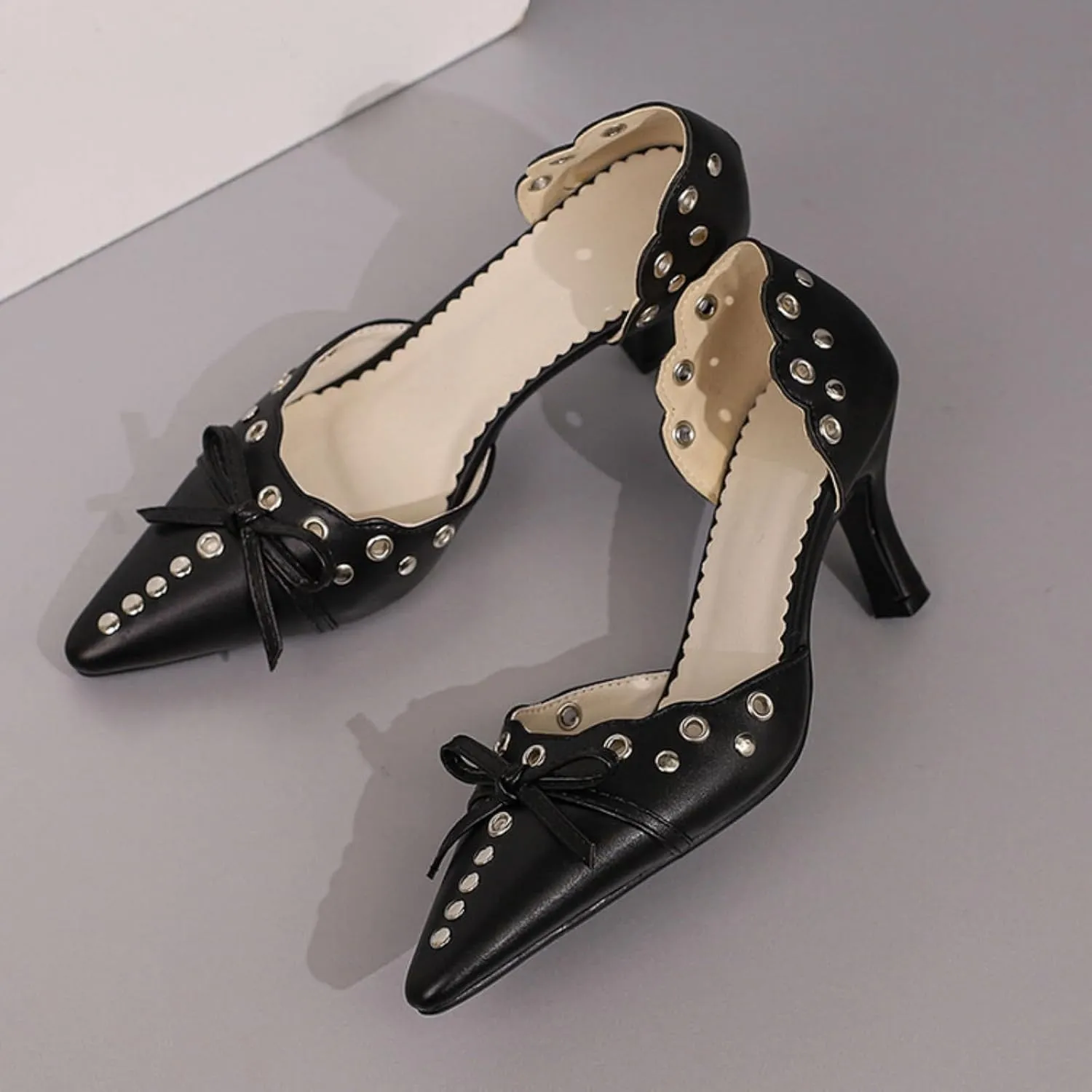 Aflngle Women's Bow Pointed Toe Closed Stiletto High Heel Pumps Casual Comfortable Rivets Slip On Wedding Party Prom Dress Shoes