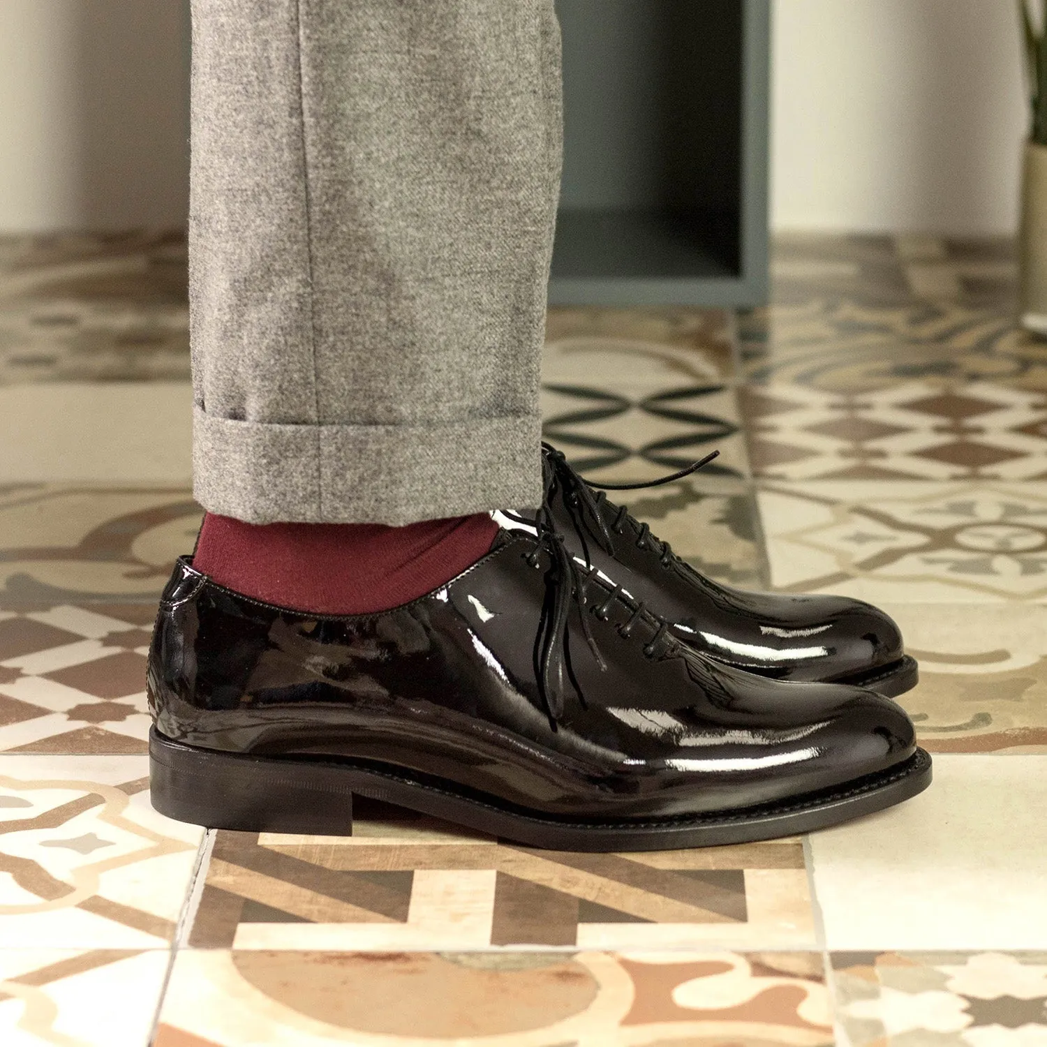 Ambrogio Bespoke Men's Shoes Black Patent Leather Wholecut Oxfords (AMB2327)