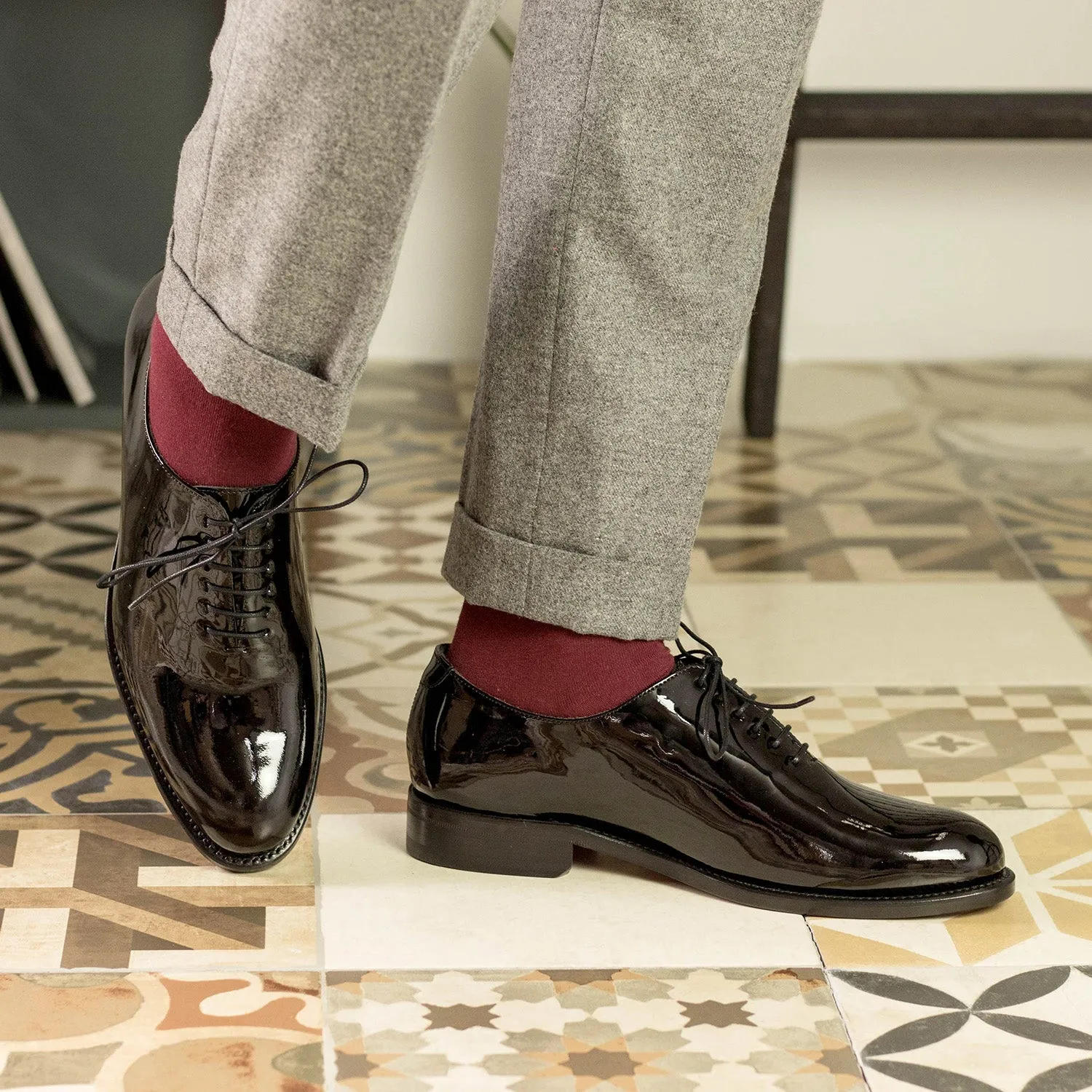 Ambrogio Bespoke Men's Shoes Black Patent Leather Wholecut Oxfords (AMB2327)