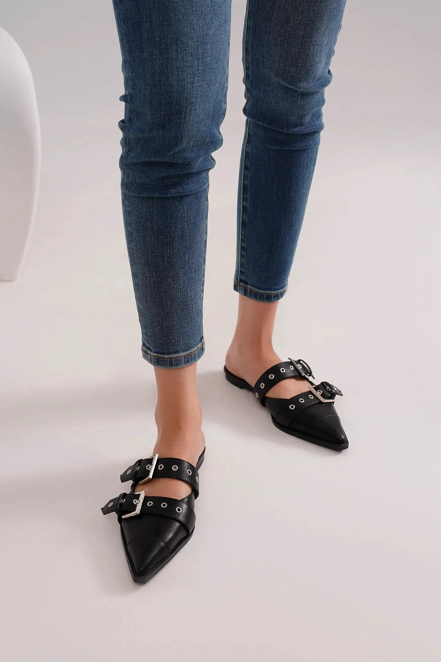 Buckled Slip-On Flats - BLACK