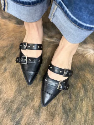 Buckled Slip-On Flats - BLACK
