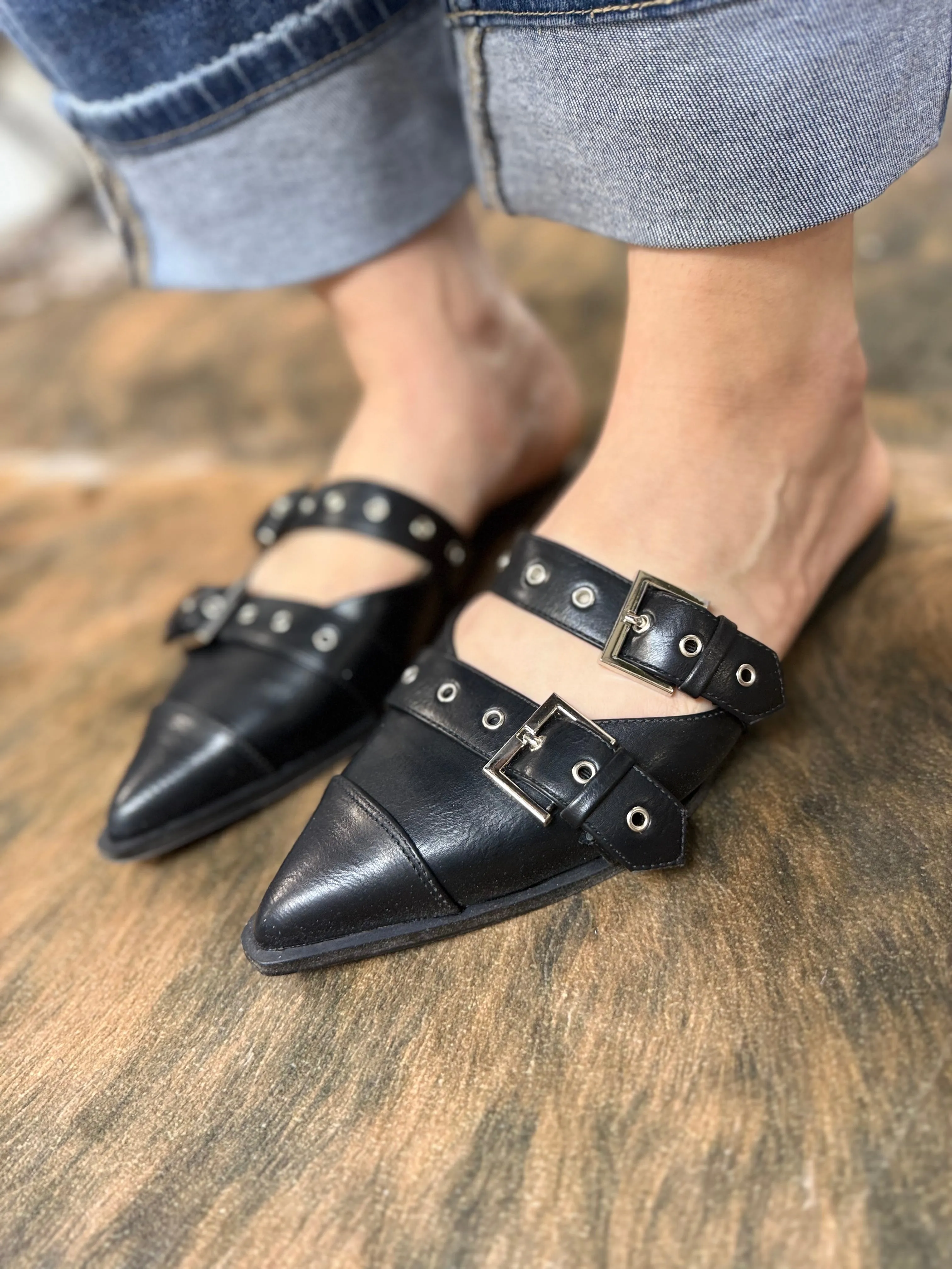 Buckled Slip-On Flats - BLACK