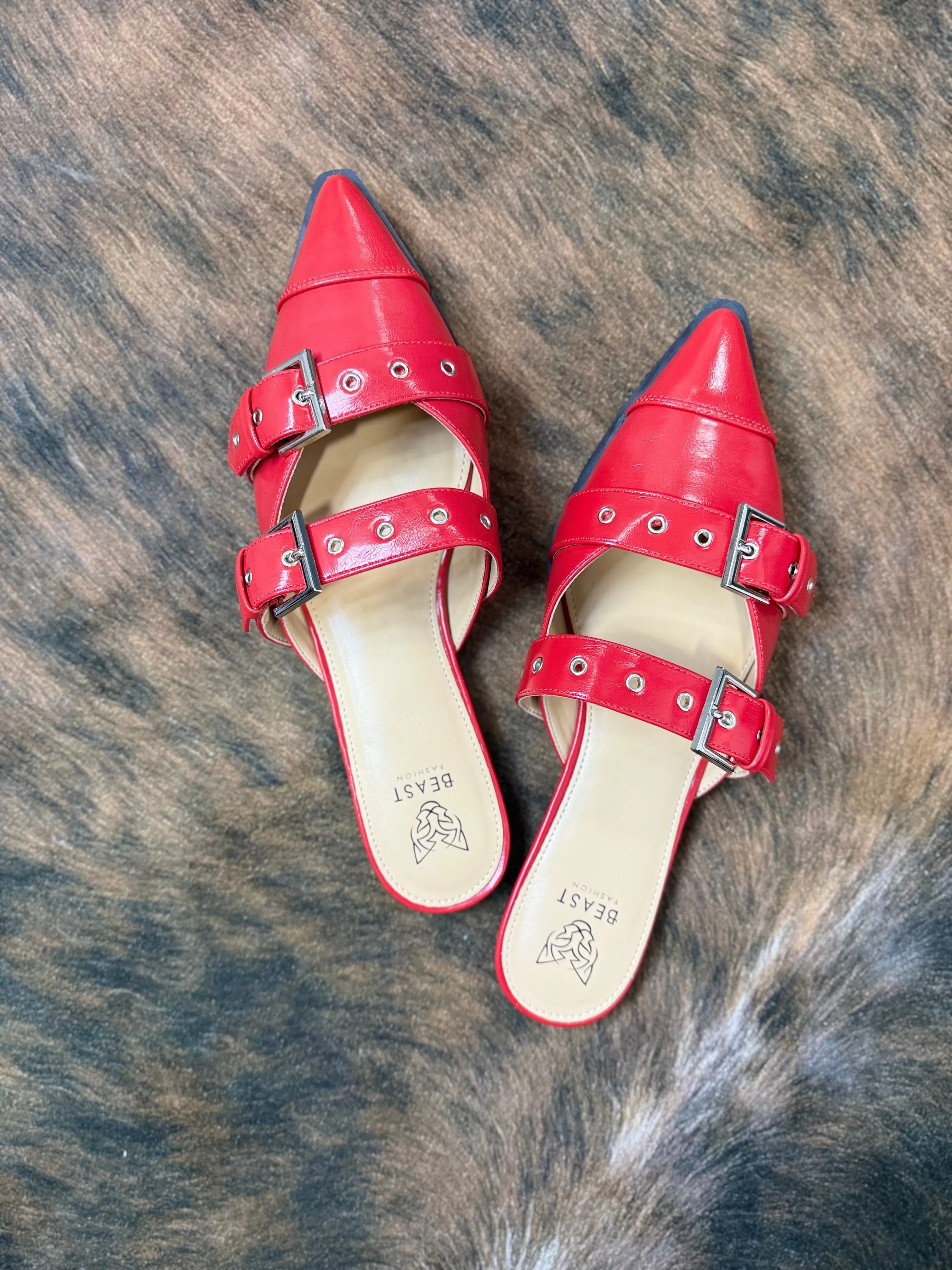 Buckled Slip-On Flats - RED