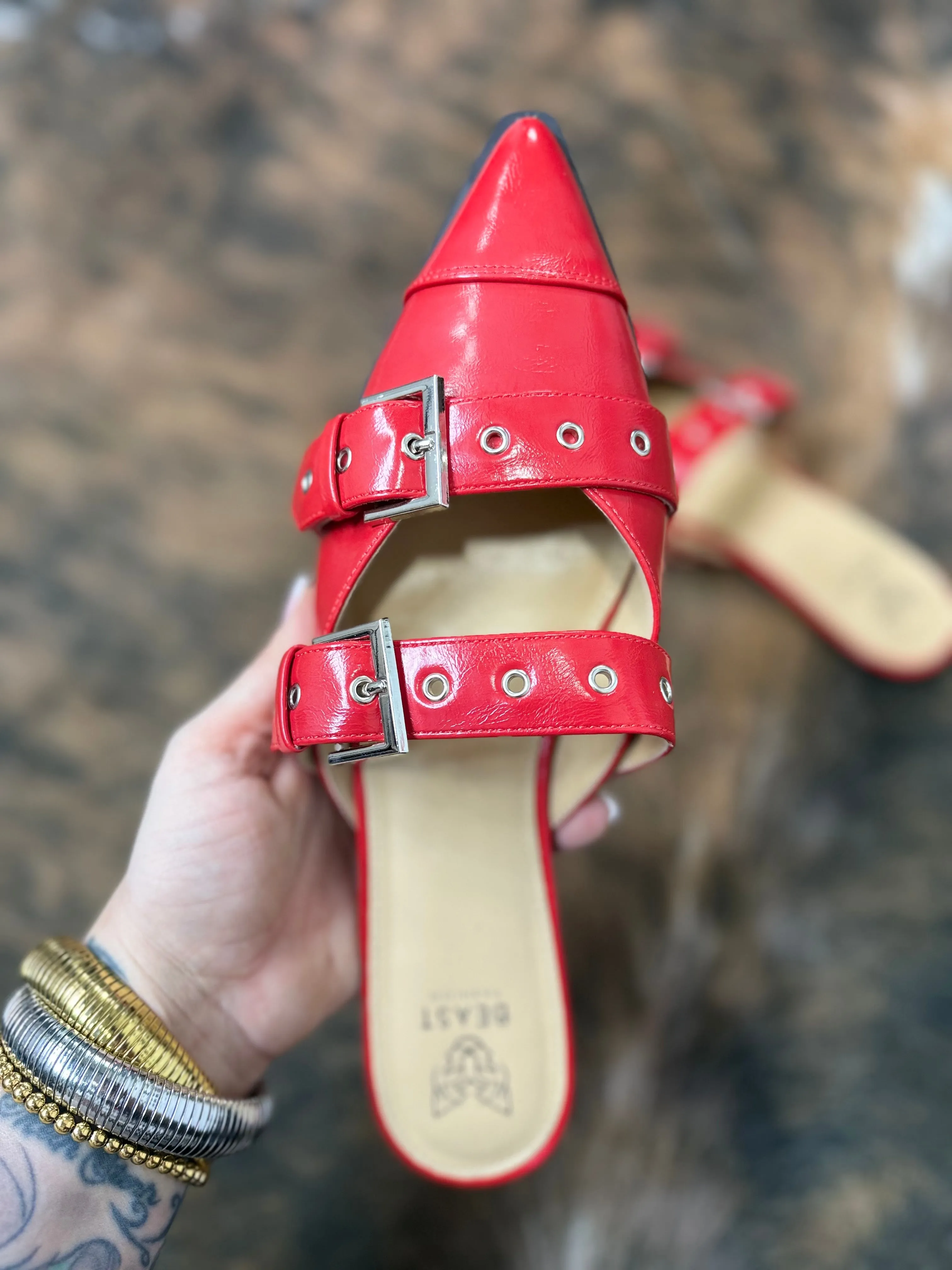 Buckled Slip-On Flats - RED