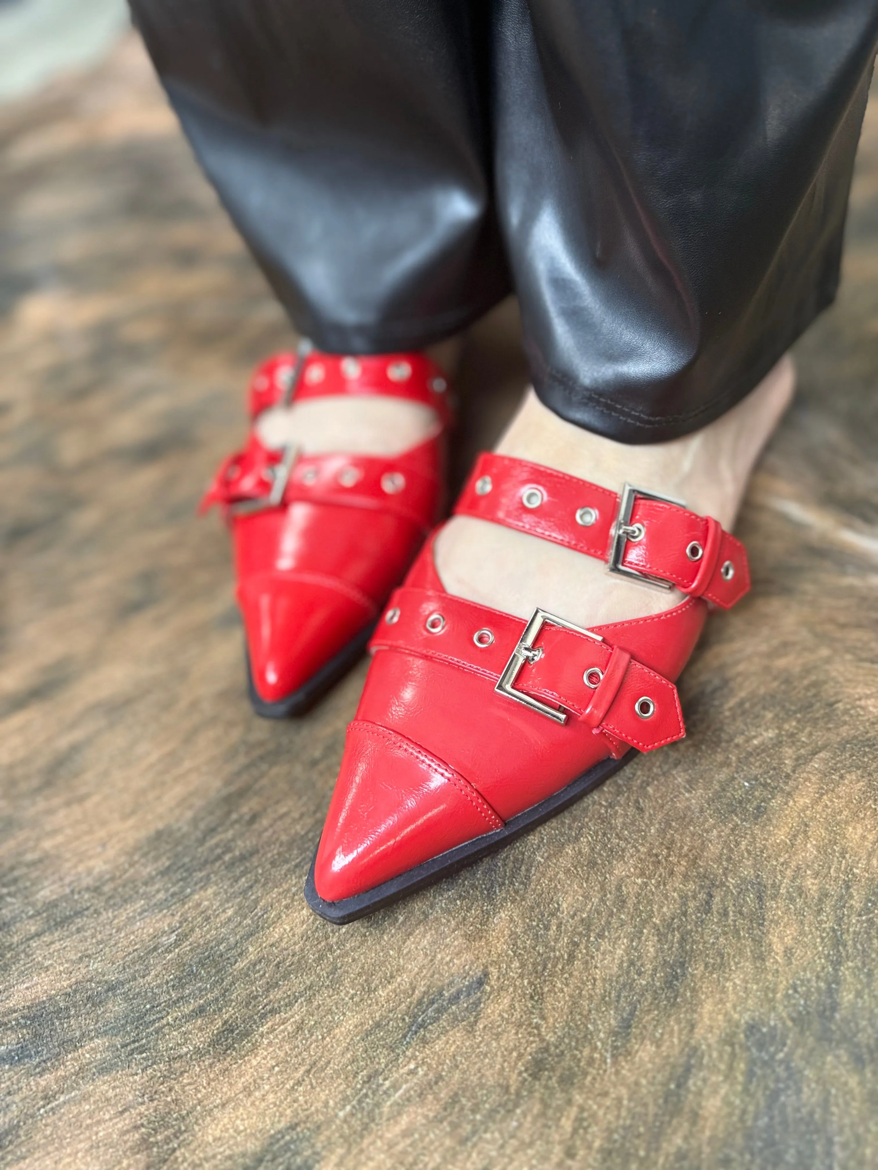 Buckled Slip-On Flats - RED