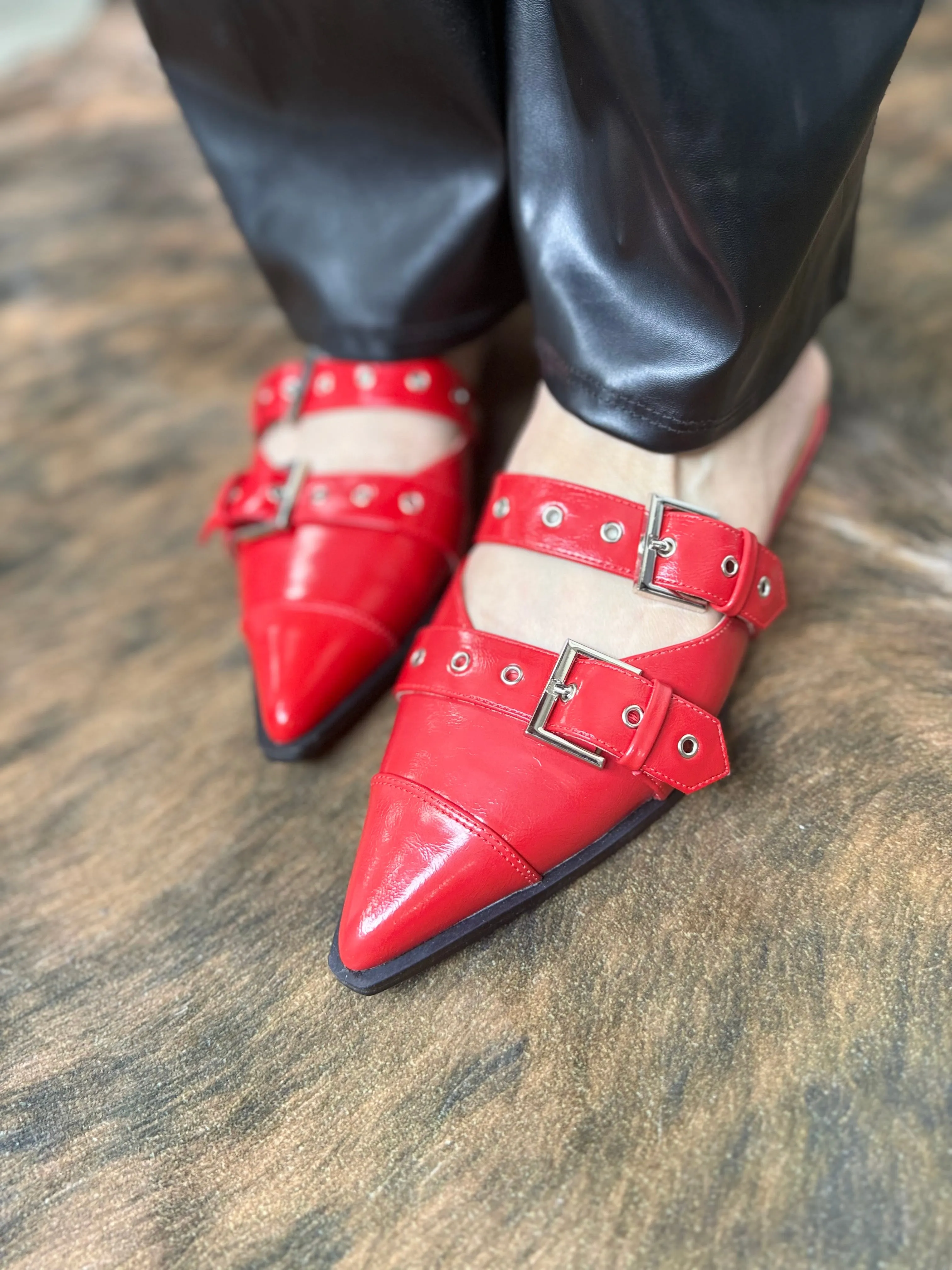 Buckled Slip-On Flats - RED