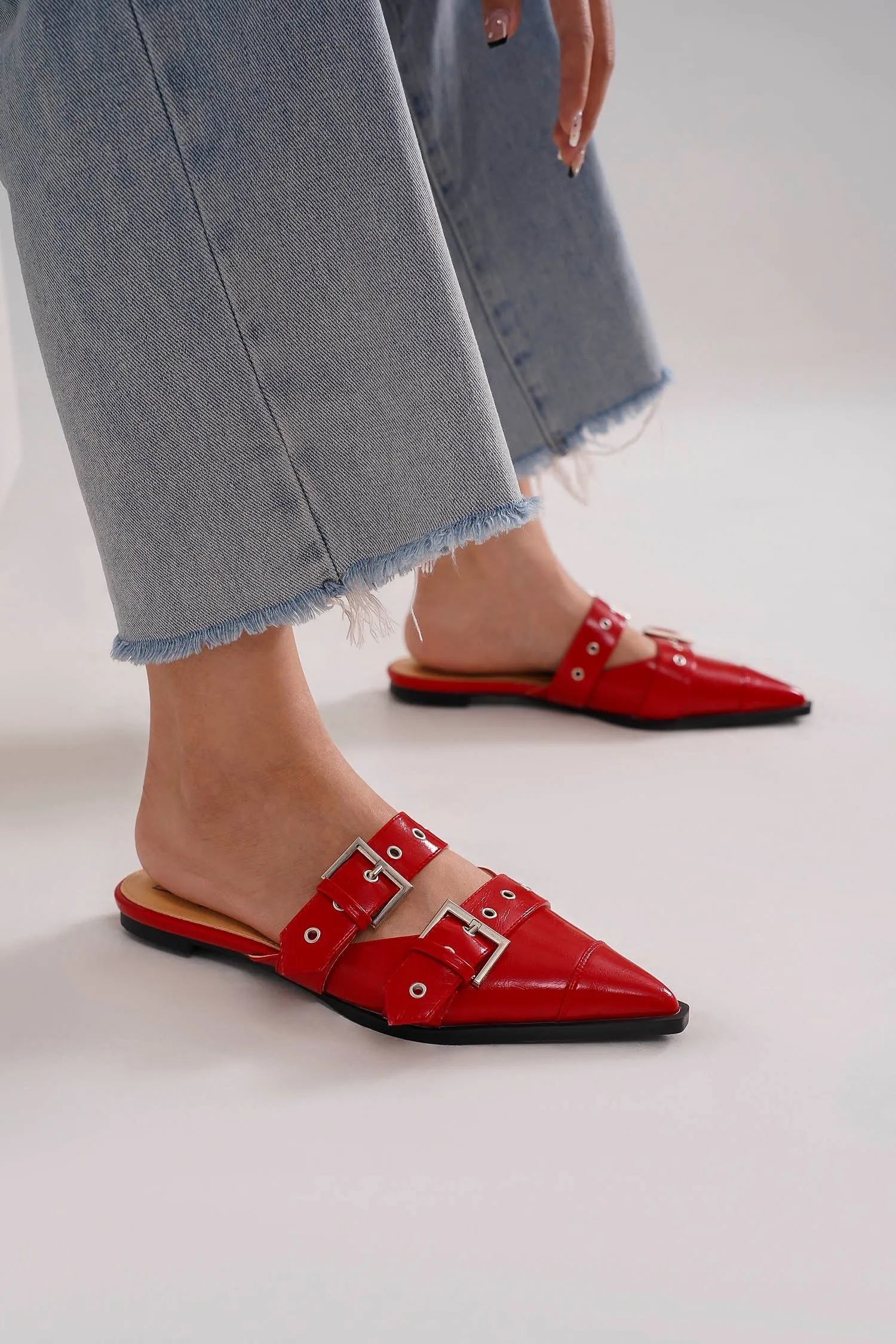Buckled Slip-On Flats - RED