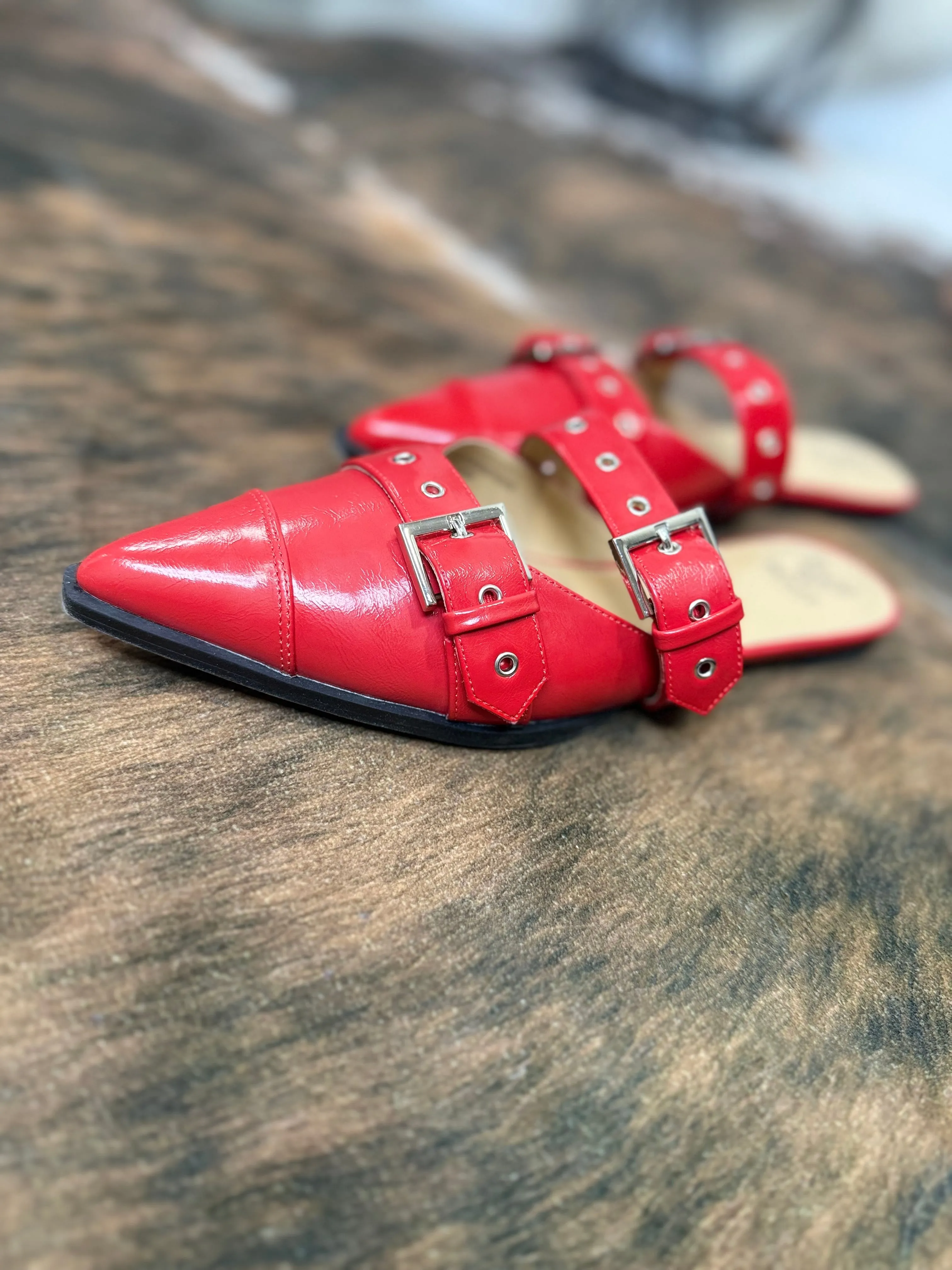 Buckled Slip-On Flats - RED