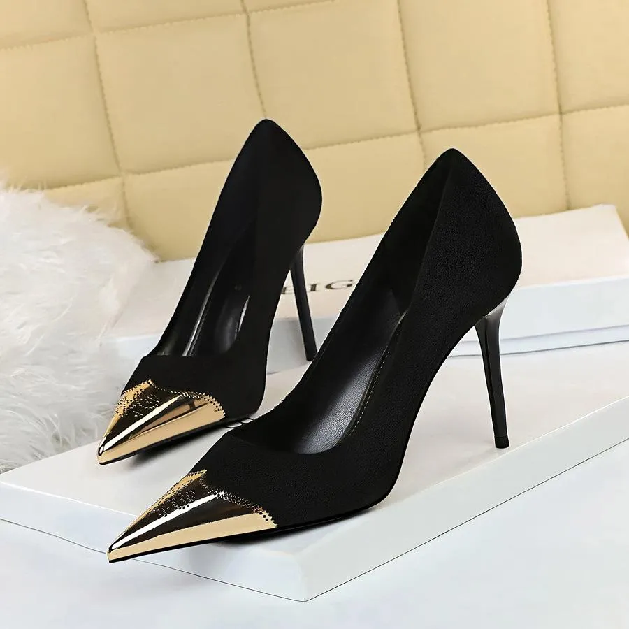 Chicvane Womens Suede Metal Pointed Toe Stiletto Heel Party Bridal Pumps