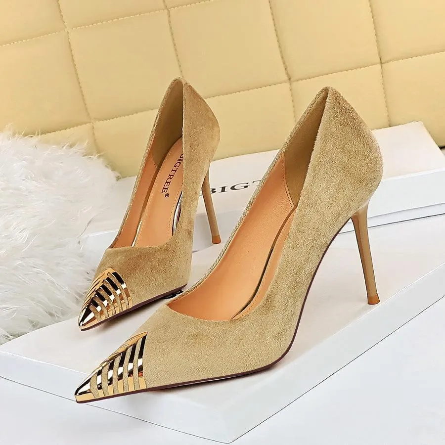 Chicvane Womens Suede Metal Pointed Toe Stiletto Heel Party Bridal Pumps