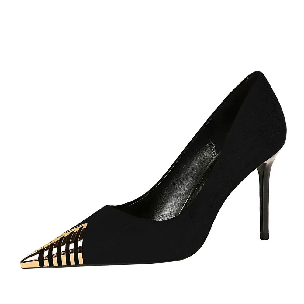 Chicvane Womens Suede Metal Pointed Toe Stiletto Heel Party Bridal Pumps