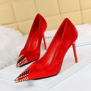 Chicvane Womens Suede Metal Pointed Toe Stiletto Heel Party Bridal Pumps