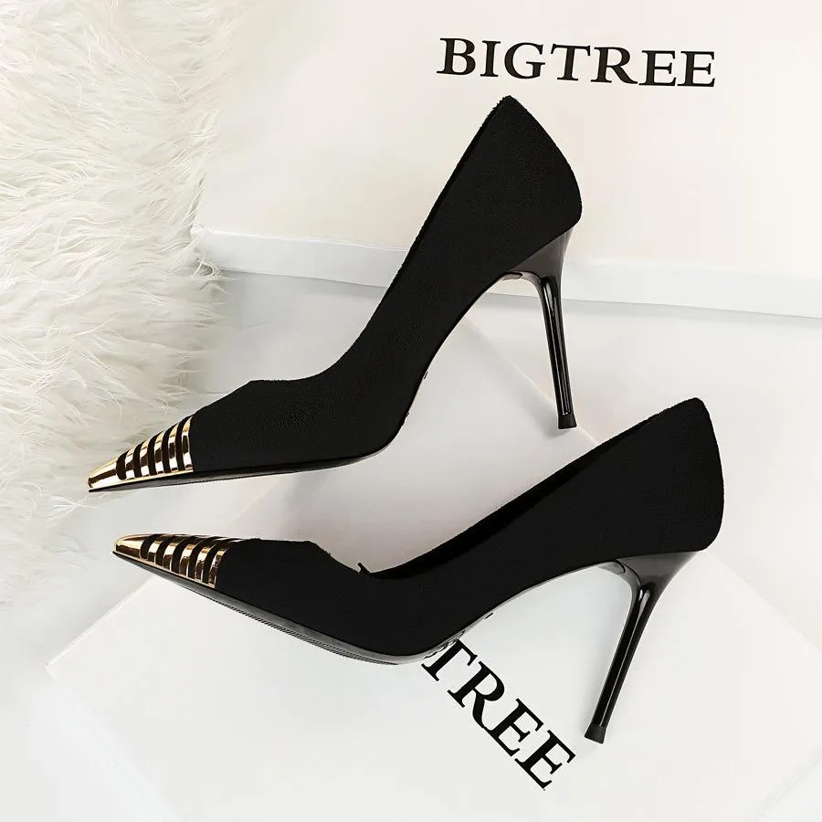 Chicvane Womens Suede Metal Pointed Toe Stiletto Heel Party Bridal Pumps