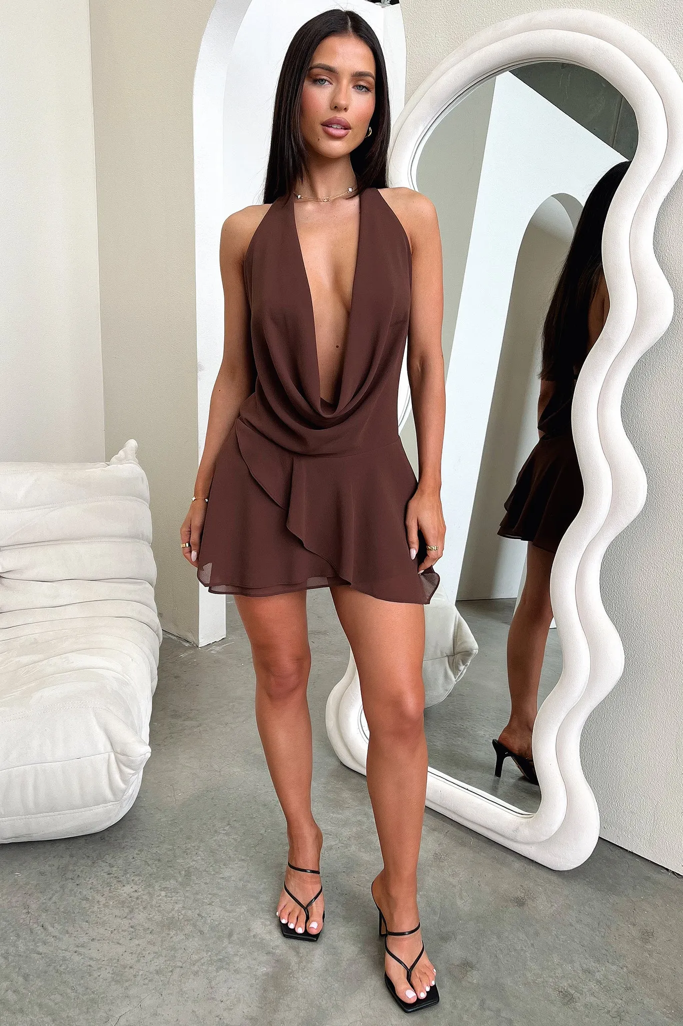 Cleo Plunge Cowl Neck Mini Dress - Brown