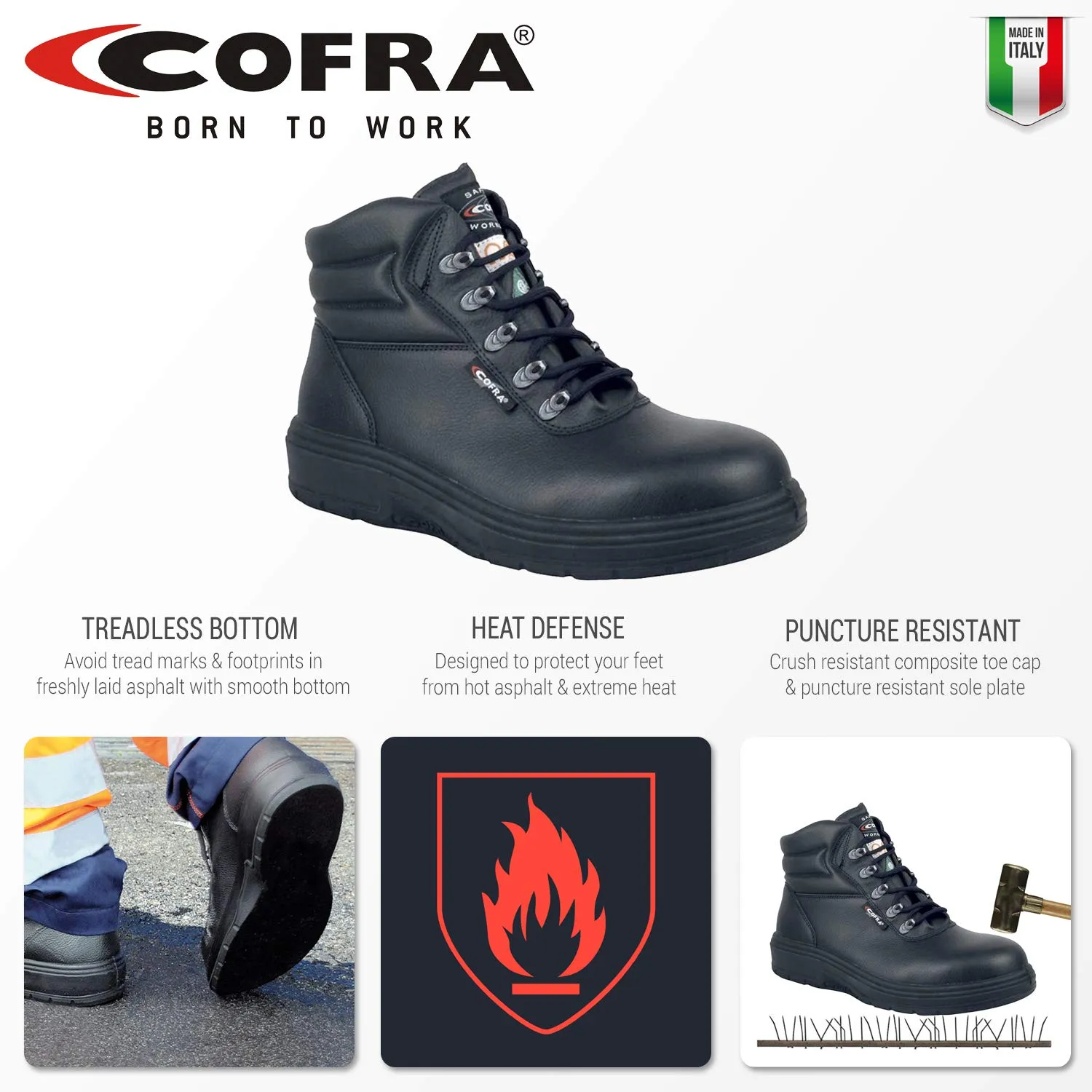 COFRA Leather Work Boots - NEW ASPHALT Treadless Footwear with Composite Safety Toe & Heat Defender Nitrile Rubber Outsole - Size 7
