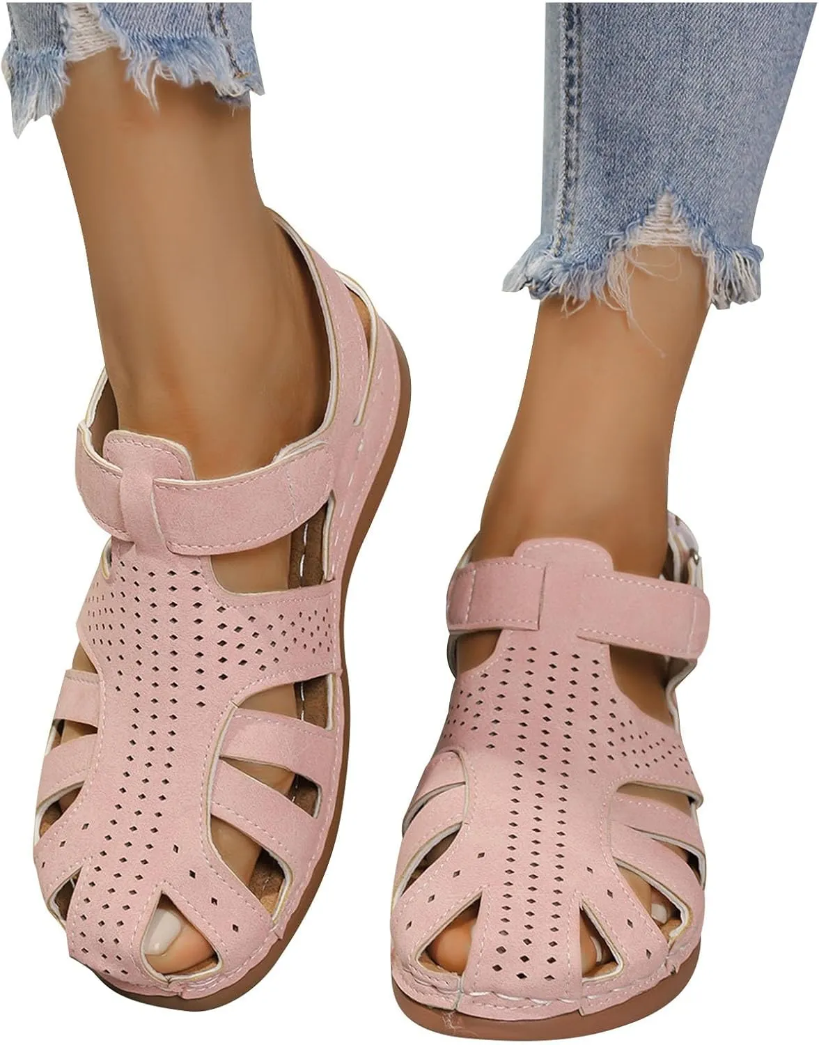Hiking Sandals Women Closed Toe Walking Flats Adjustable Hook and Loop Summer Lightweight Outdoor Comfort Shoes