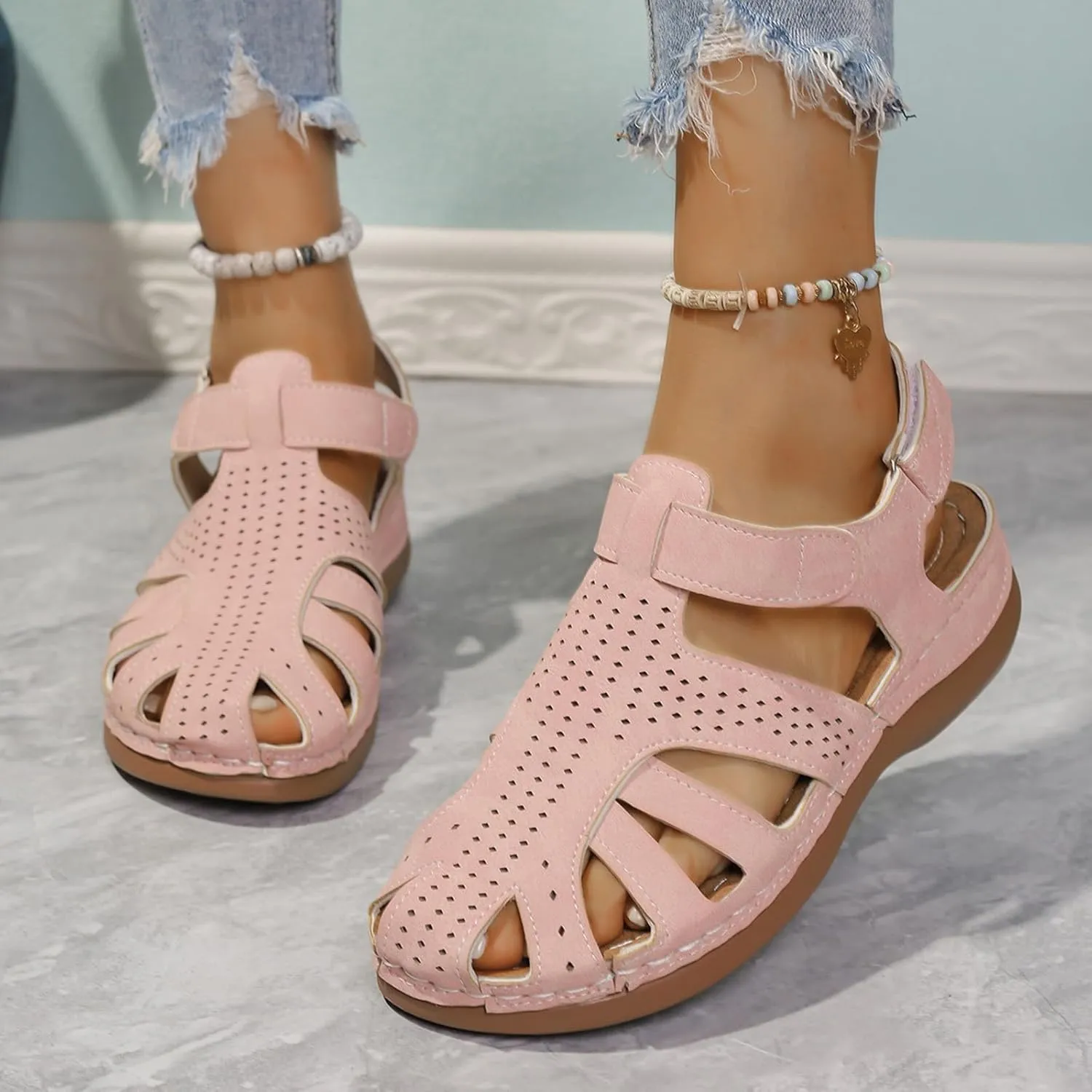 Hiking Sandals Women Closed Toe Walking Flats Adjustable Hook and Loop Summer Lightweight Outdoor Comfort Shoes