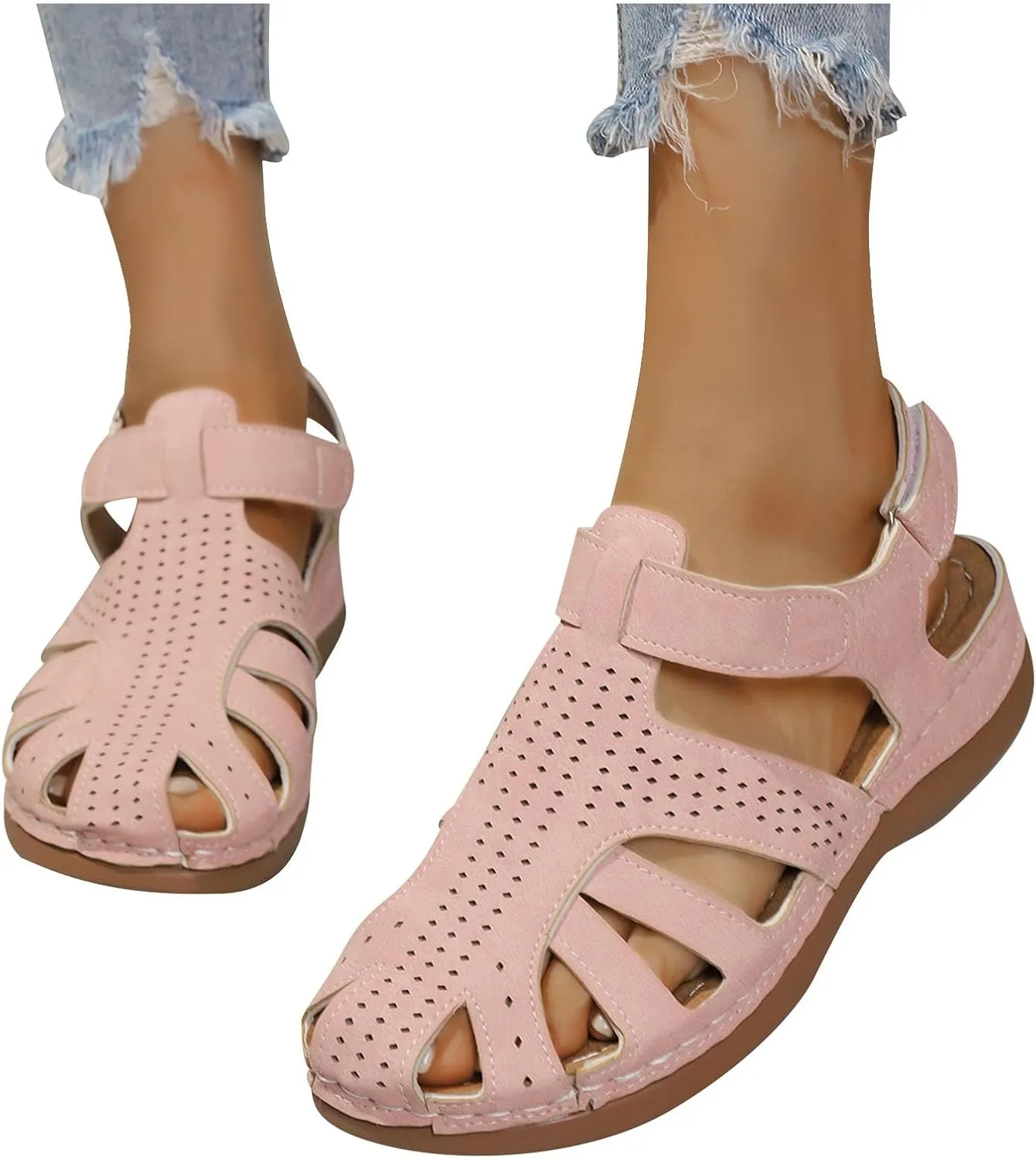 Hiking Sandals Women Closed Toe Walking Flats Adjustable Hook and Loop Summer Lightweight Outdoor Comfort Shoes