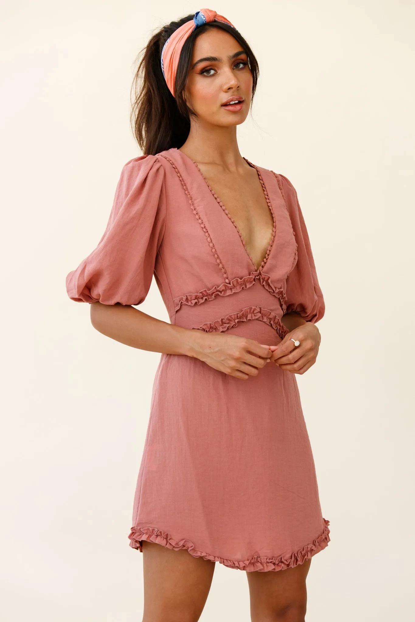 Meant To Be Puff Sleeve Frill Detail Dress Brown