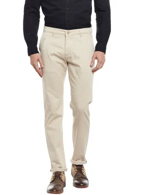 Men Beige Checked Cotton Stretch Slim Fit Casual Chinos Trouser