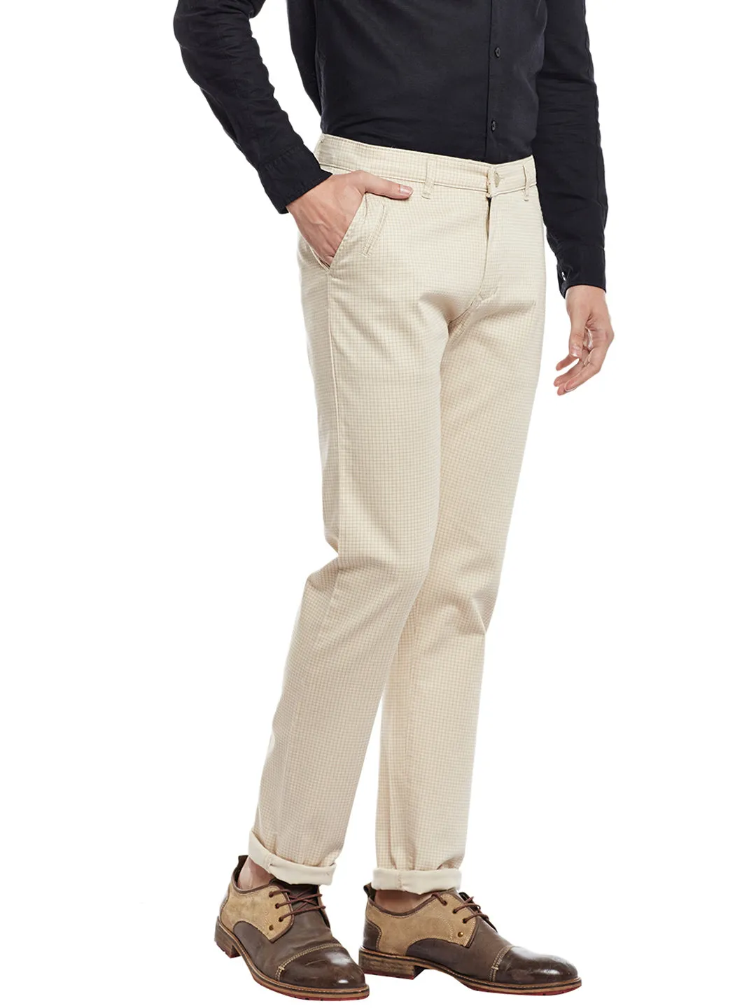Men Beige Checked Cotton Stretch Slim Fit Casual Chinos Trouser