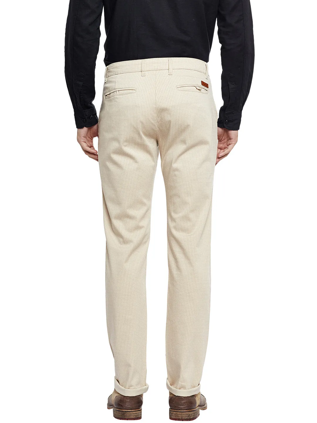 Men Beige Checked Cotton Stretch Slim Fit Casual Chinos Trouser