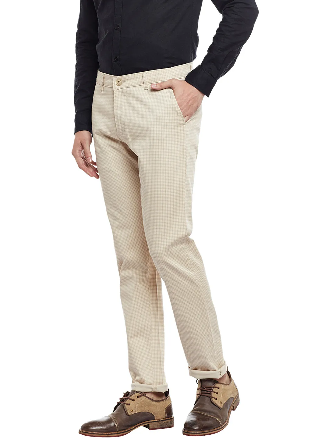 Men Beige Checked Cotton Stretch Slim Fit Casual Chinos Trouser