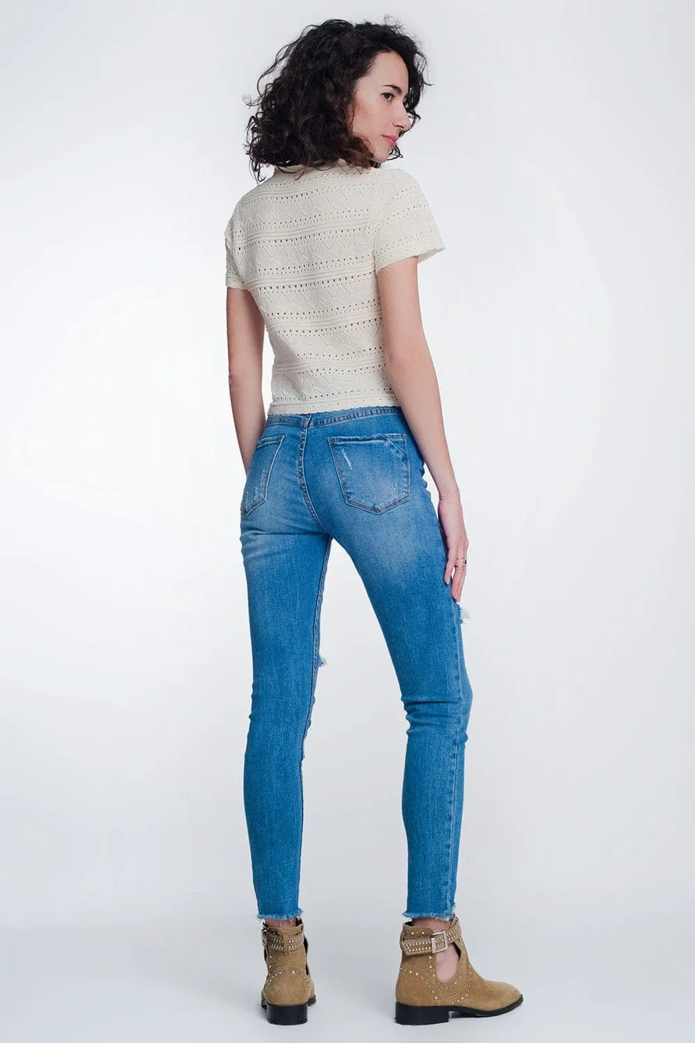 Mid Denim Super Skinny Jeans With Holes In The Knees