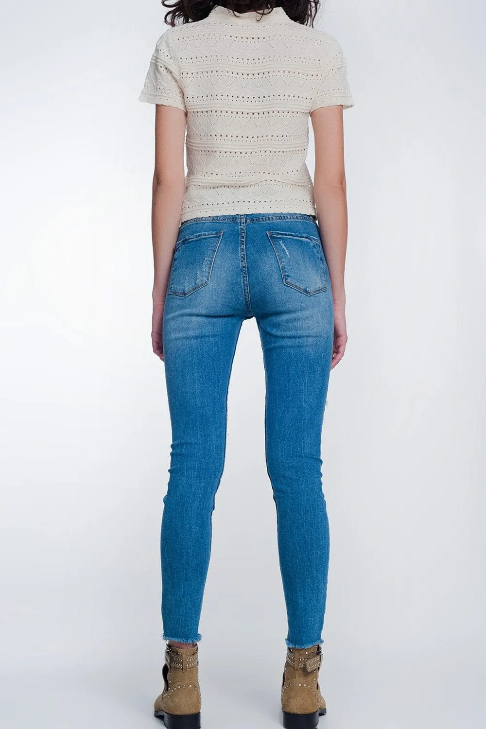 Mid Denim Super Skinny Jeans With Holes In The Knees