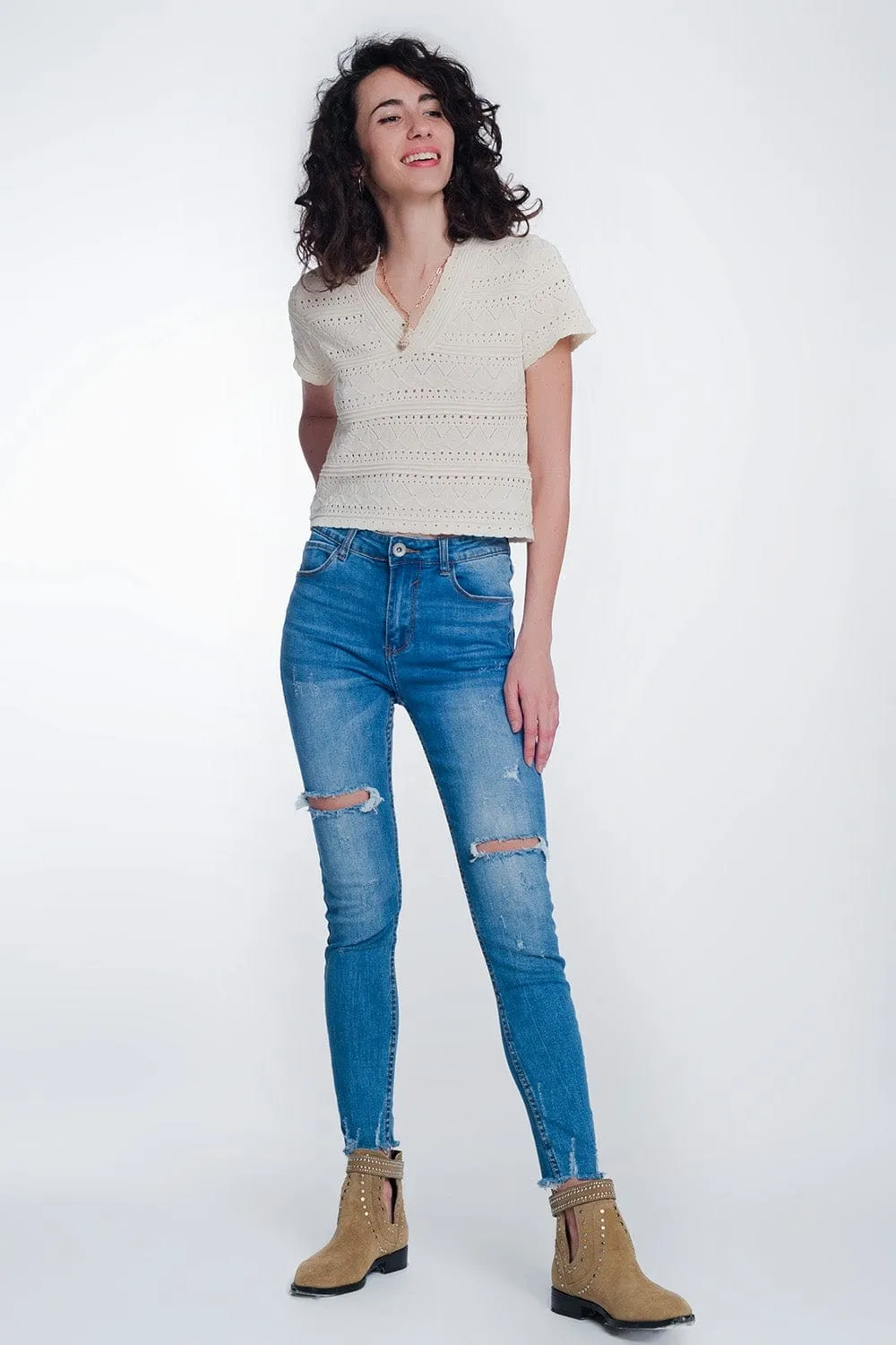 Mid Denim Super Skinny Jeans With Holes In The Knees