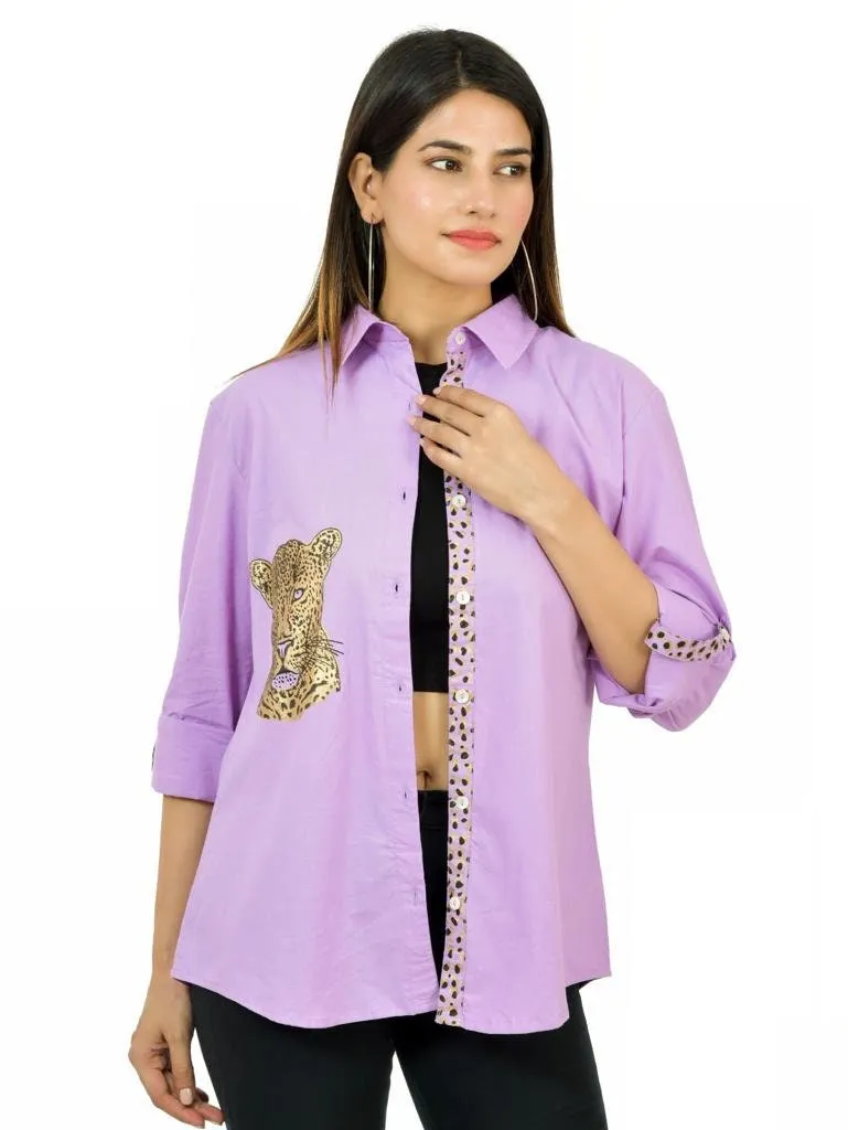 Orange Cheetah Chic: Stand Collar Cotton Shirt