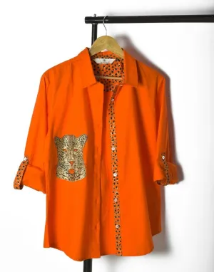Orange Cheetah Chic: Stand Collar Cotton Shirt