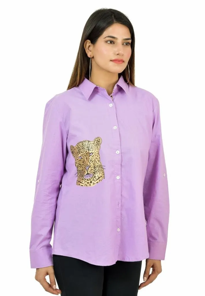 Orange Cheetah Chic: Stand Collar Cotton Shirt