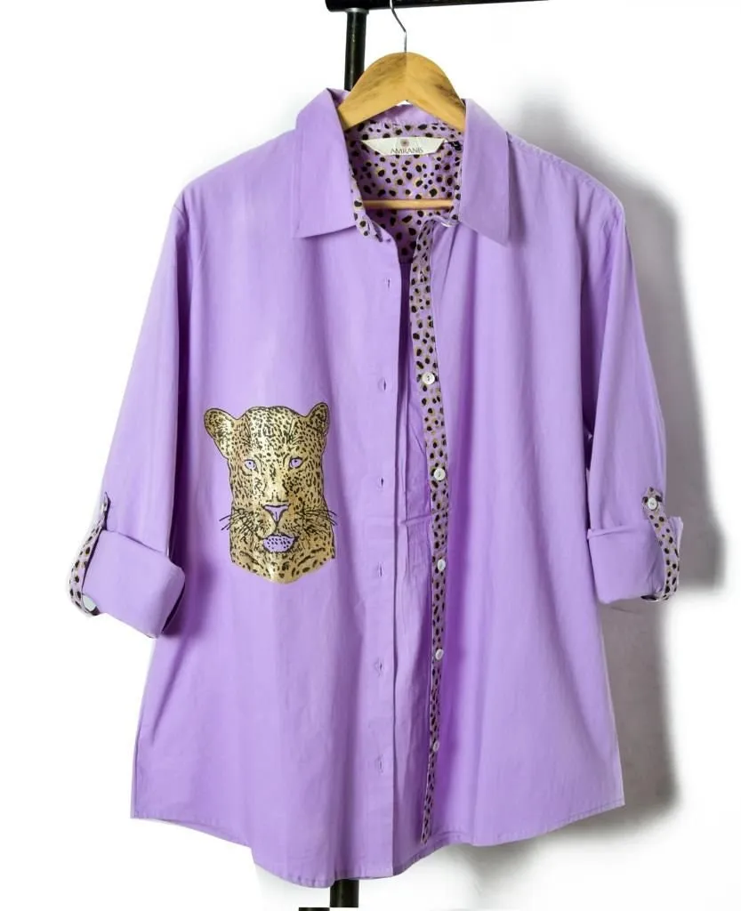 Orange Cheetah Chic: Stand Collar Cotton Shirt