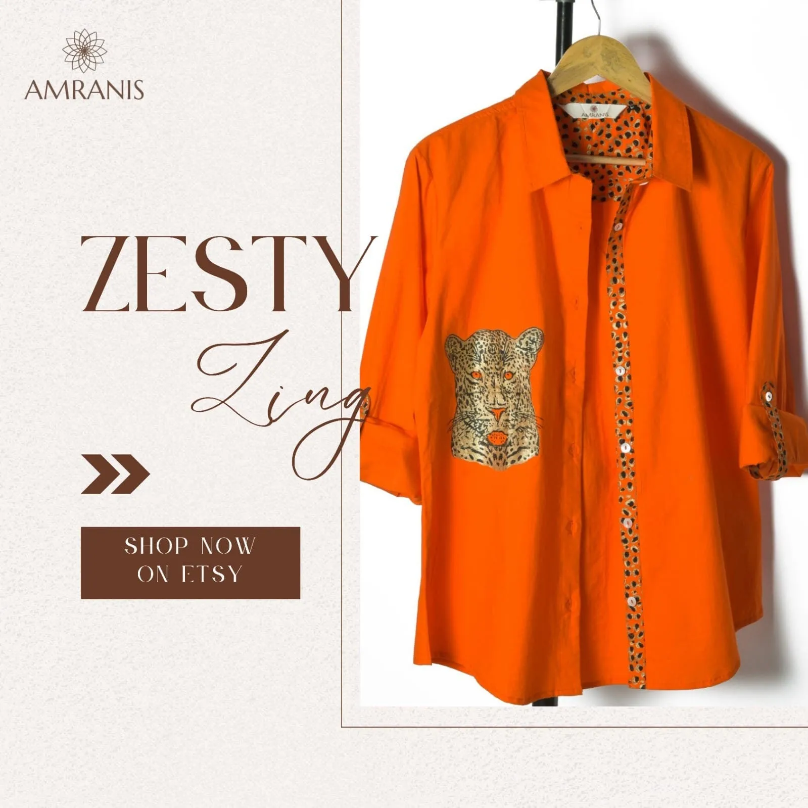 Orange Cheetah Chic: Stand Collar Cotton Shirt
