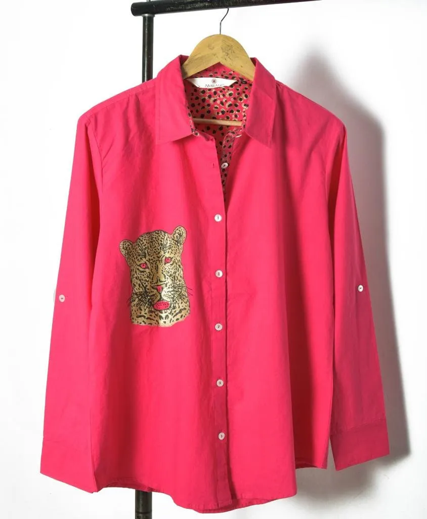 Orange Cheetah Chic: Stand Collar Cotton Shirt