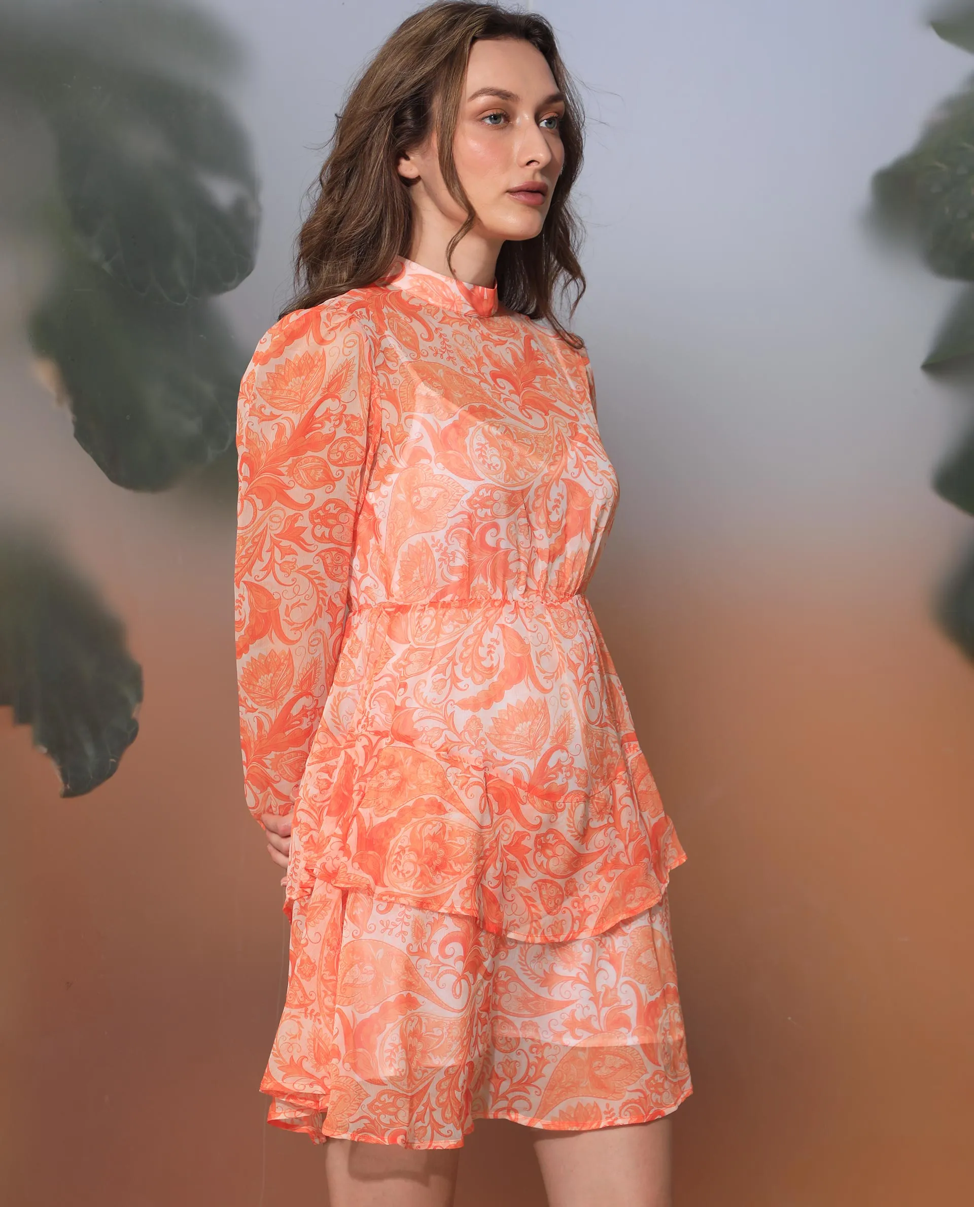 Rareism Women Claris Orange Cotton Fabric Full Sleeves High Neck Regular Fit Paisley Print Knee Length Dress