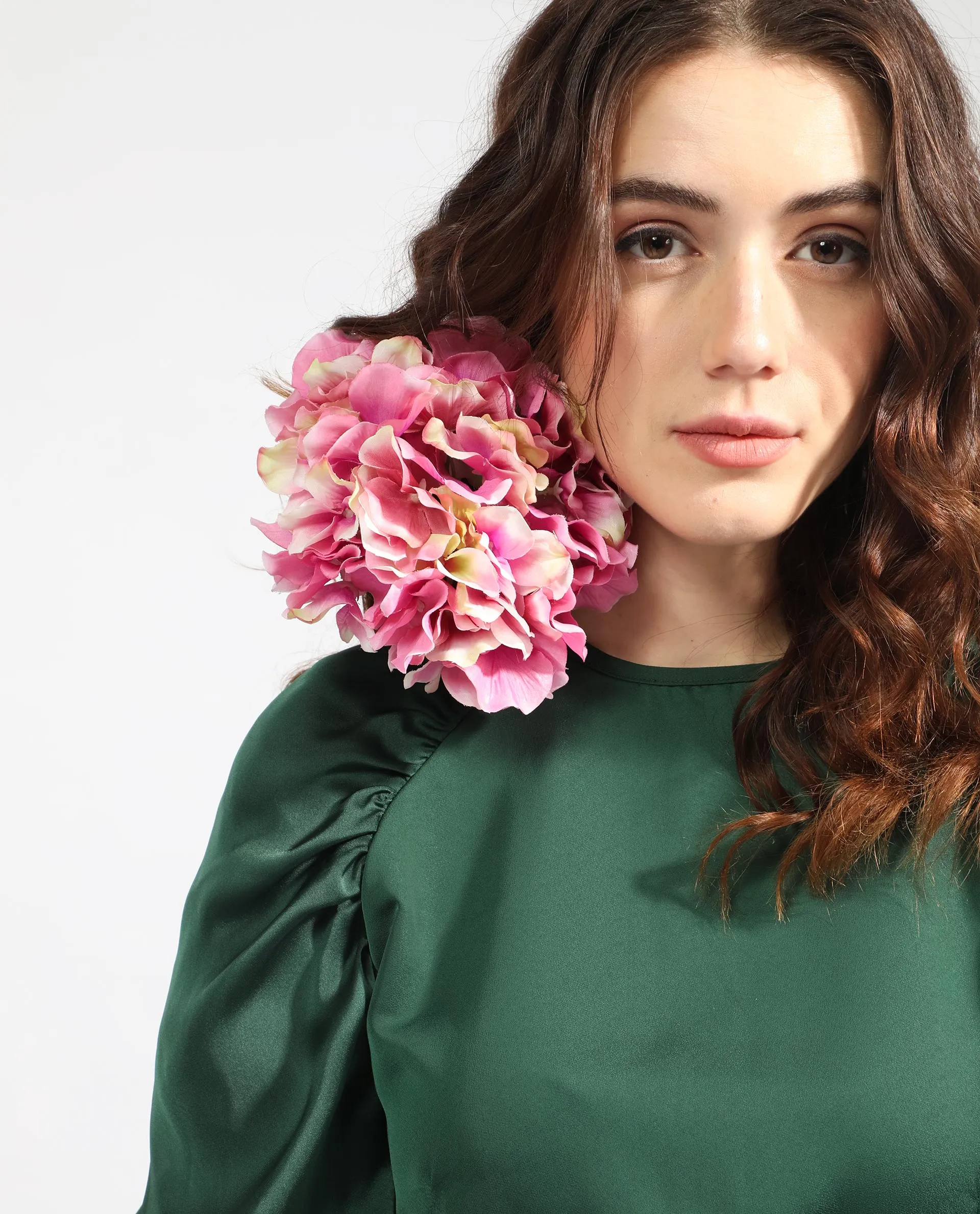 Rareism Women Seldro Green Polyester Fabric Short Sleeves Button Closure Round Neck Puff Sleeve Regular Fit Plain Short Boxy Dress
